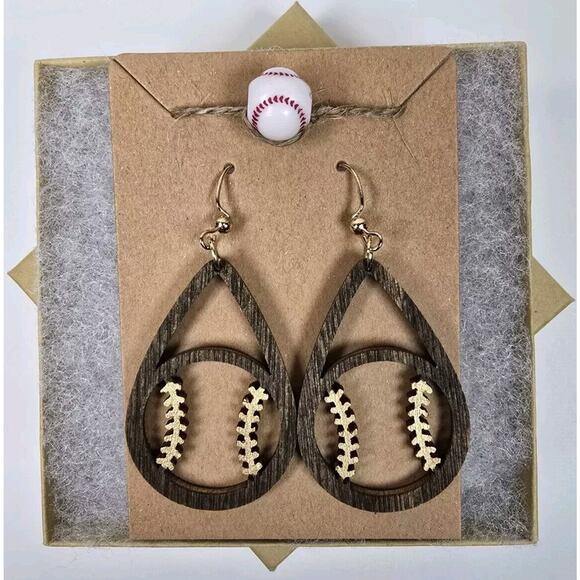 Baseball Teardrop Earrings Softball Fan Beautiful Real Wood Rich Gold Accent New - Picture 3 of 5